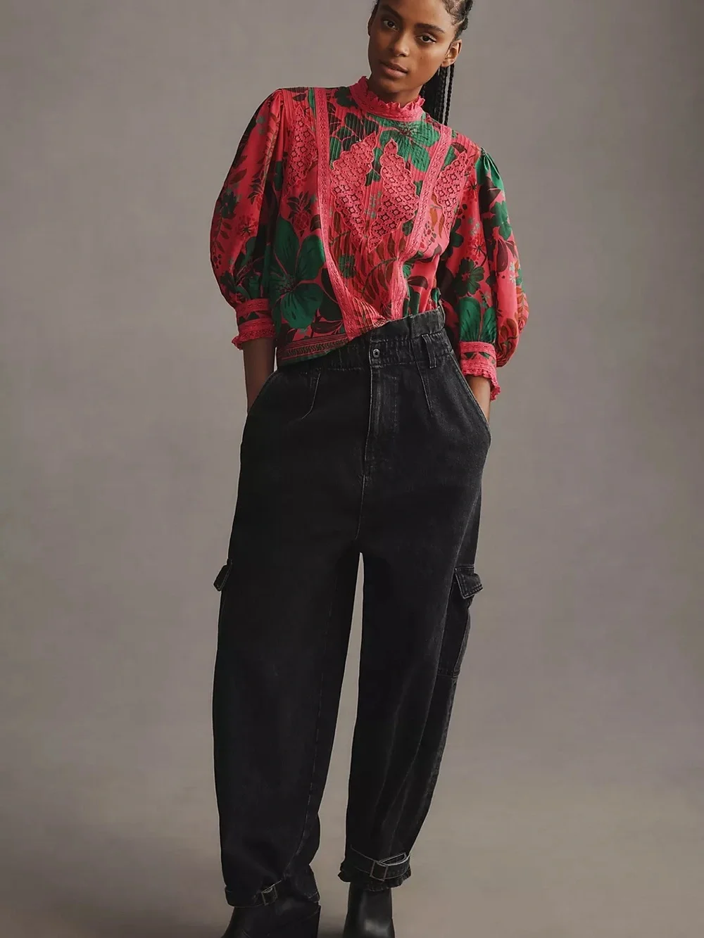 FARM Rio Red Floral Lace-Trim Puff Sleeve Blouse - Picture 2 of 6